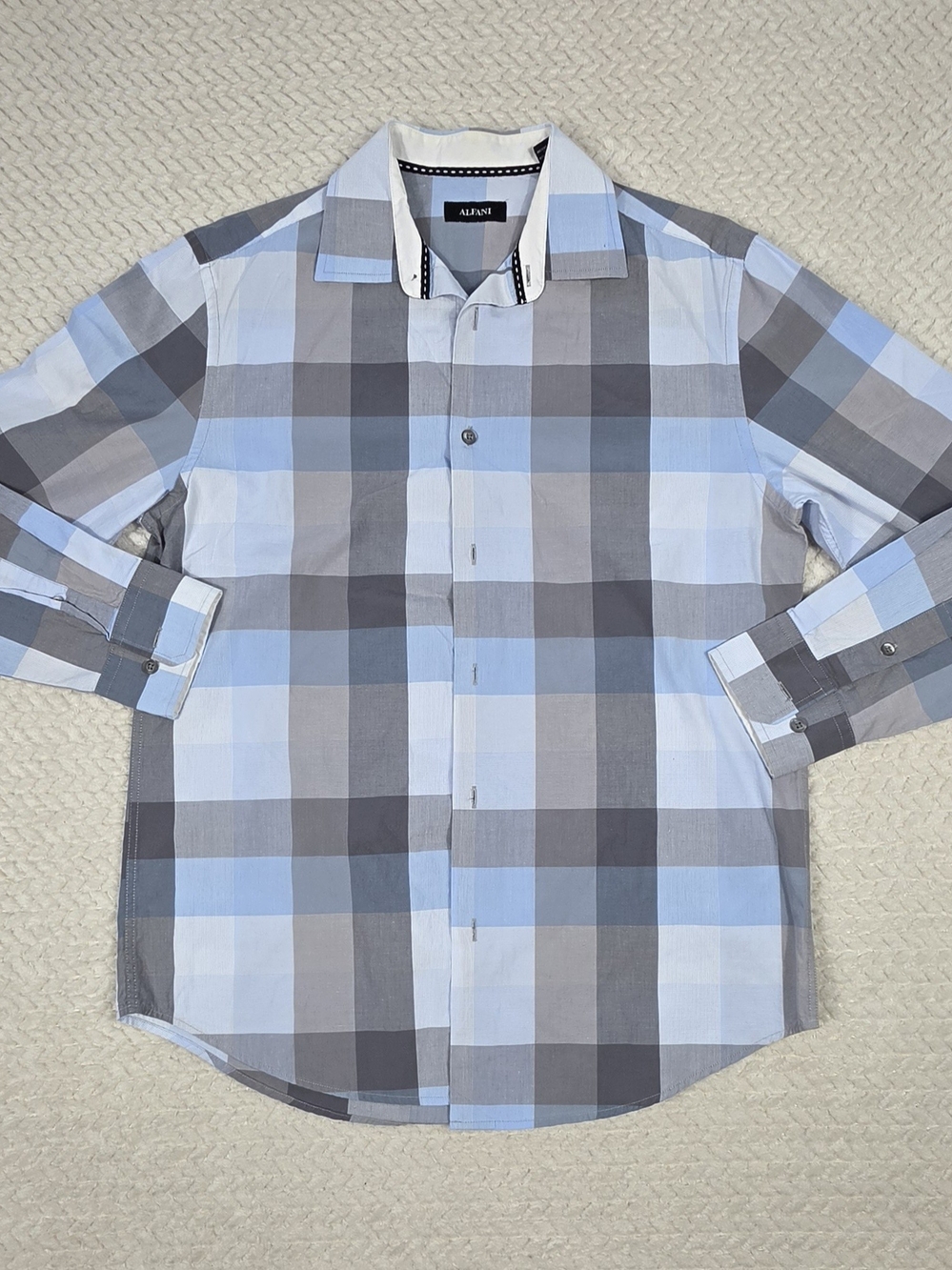 Alfani Plaid Button Front Dress Shirt Blue Gray Long Sleeve Cotton Mens S